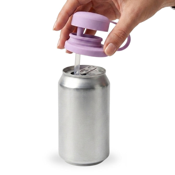 Hand placing a purple lid on a silver can with a straw